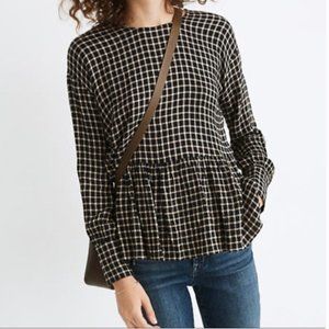 Madewell Button-Back Peplum Top in Mini Windowpane Sz L